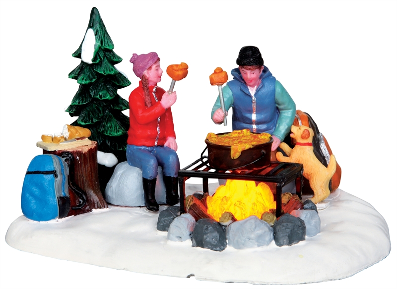 Alpine People w/ Working Campfire Lemax Lighted Accessory Set of 4 